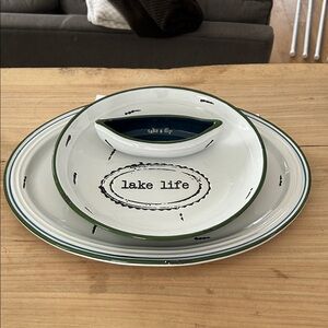 off White and Green serving Set LAKE LIFE STONEWARE PLATTERs and DIPPING DISH